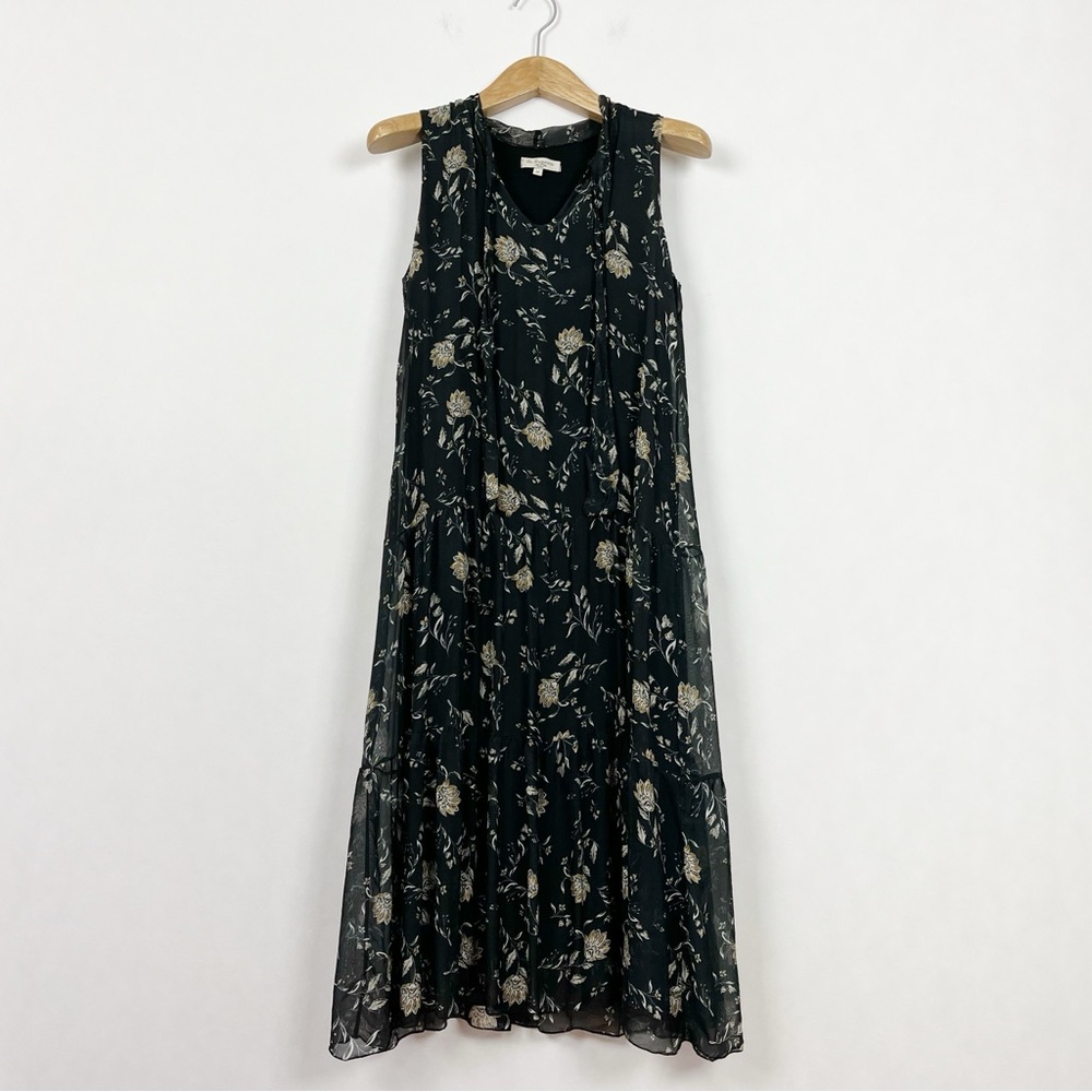 Silk Blend Black Floral Tiered Sleeveless Midi Dress Size Medium Cottagecore‎